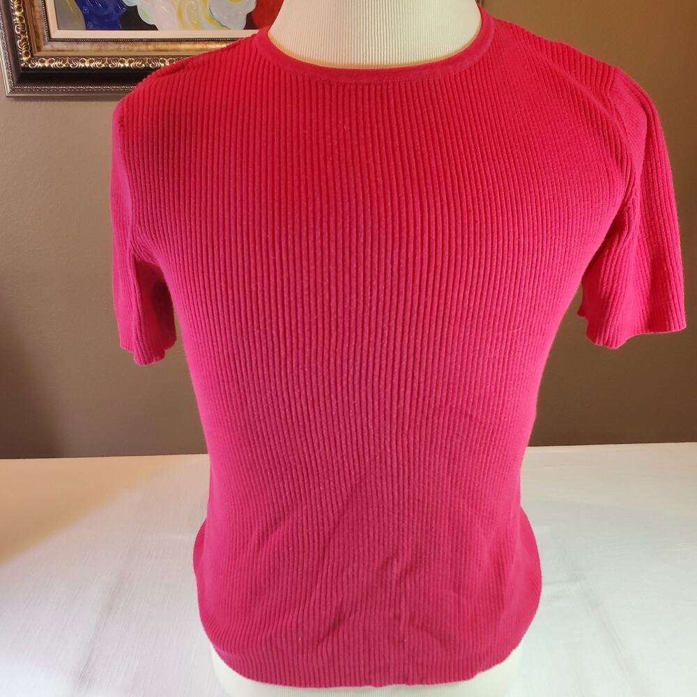Croft & Barrow Women's Medium Pink Short Sleeve Ribbed Knit Top Crew Neck